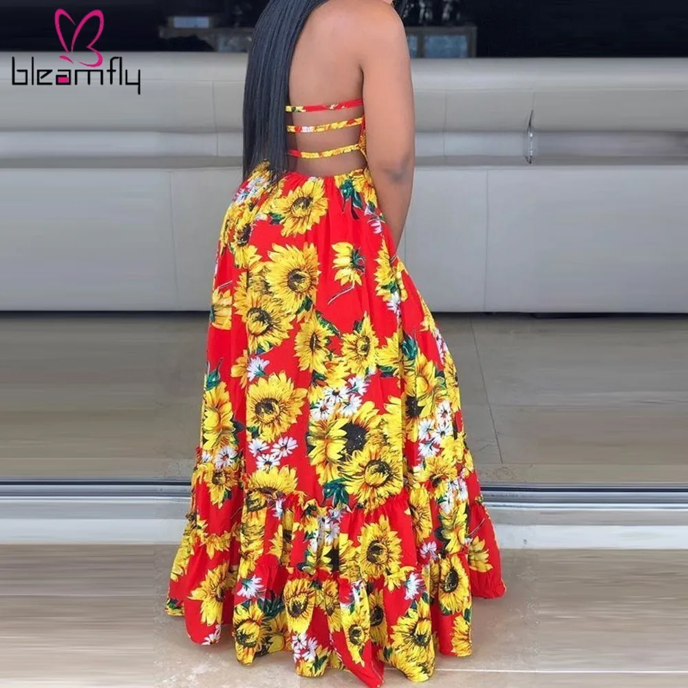Длинное платье в стиле бохо с принтом подсолнуха женские сексуальные вечерние