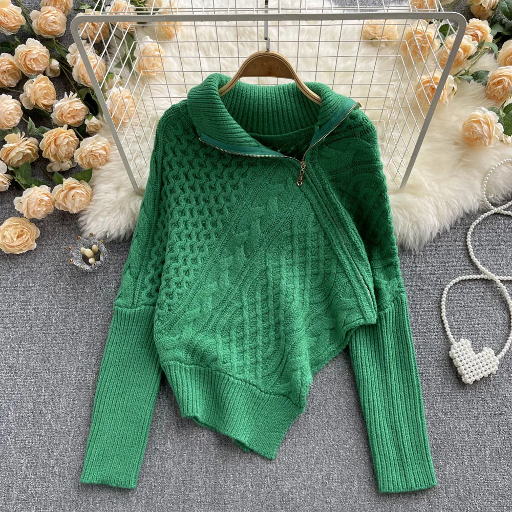 

VANOVICH Korean Style Design Irregular Slit Self-cultivation Zipper High Neck Sweater 2022 Autumn and Winter New Cardigans