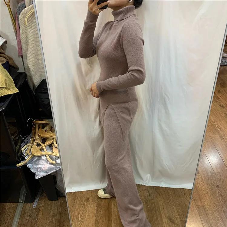 Luxury Two Pieces 45% Cashmere + 30% Wool Suits Female Turtleneck Warm Mink Cashmere Knit Tops +  Wide Leg Wool Pant Sets F2494