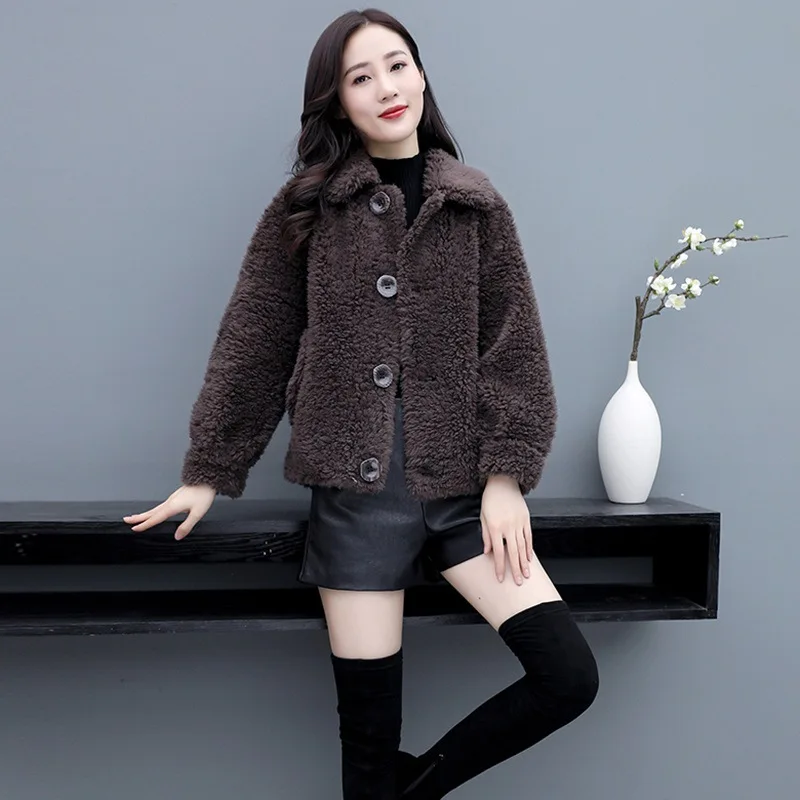 

Fashion Elegant Lamb Wool Autumn Winter Coat Women Jacket Fleece Shaggy Warm Cropped Jackets Overcoat Single Breasted Outwear