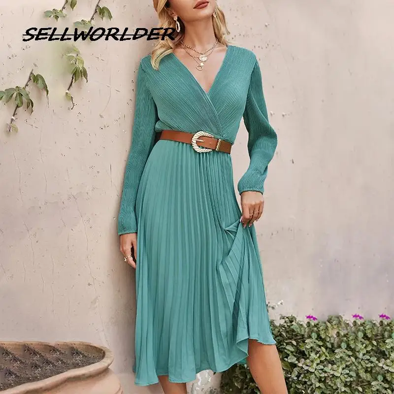 

Women Solid Holiday V-neck Long Sleeves Dress Female A-line Green Elegant Pleated Maxi Office Lady Dresses beach vestido