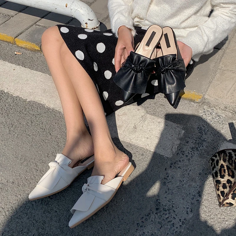 Bailehou/женские тапочки обувь на плоской подошве туфли без задника женская с бантом