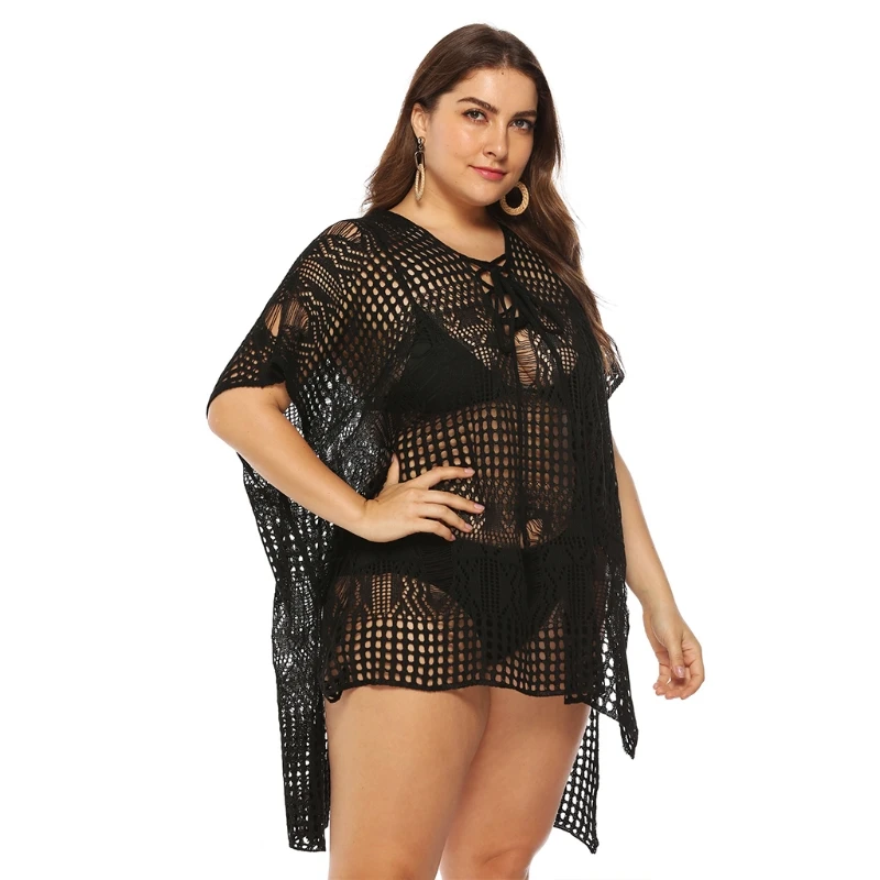 

Women Plus Size Swimsuit Cover Up Hollow Crochet Lace-Up Asymmetric Beach Dress