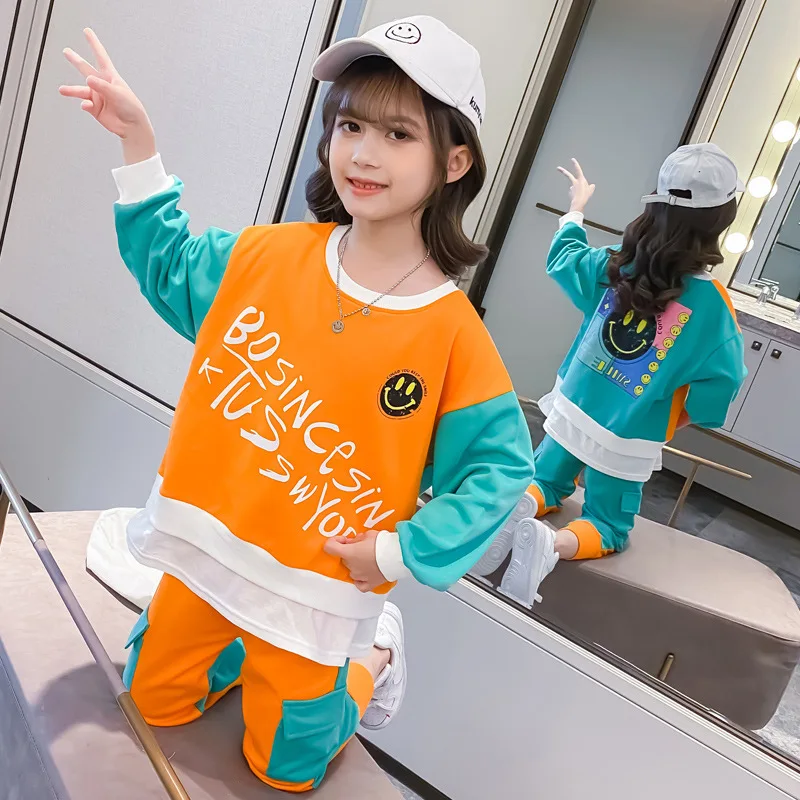 

Smiley Letters Stitching Top +Trousers 2pcs Girls Clothing Sets For Children Sports Suits 2021 Autumn Kids Fashion Clothes Set