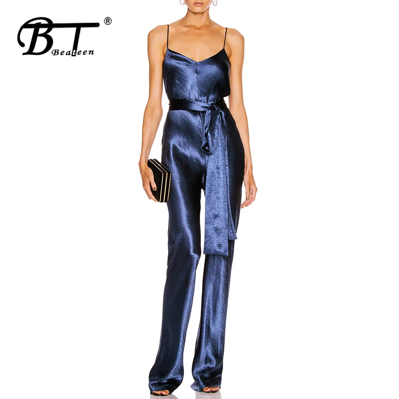 

Beateen 2020 Spring New Sexy V-Neck Spaghetti Strap Sleeveless Satin Jumpsuits With Sashes Women Elegant Straight Loose Rompers