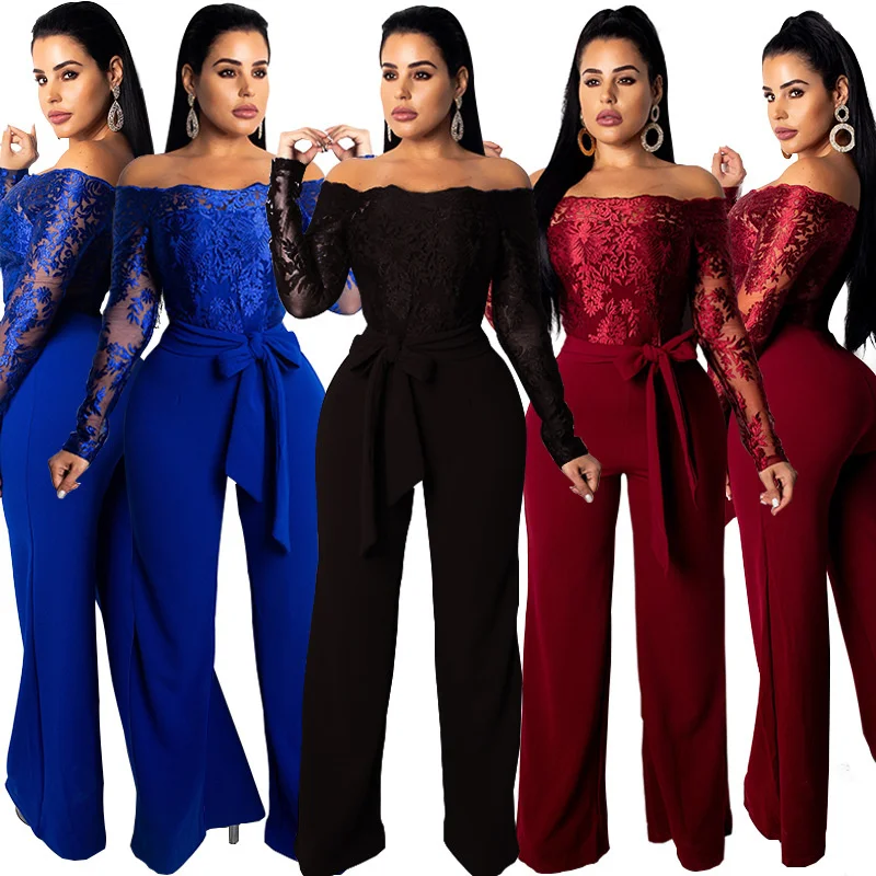

Women's Lace Wide Leg Jumpsuit New 2021 Fashion Sexy Pants Red Black Birthday Club Outfits For Women Overalls Aesthetic