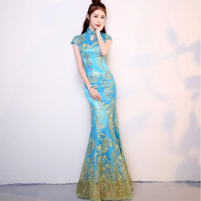 Женское Красное китайское свадебное платье Ципао женское с коротким рукавом