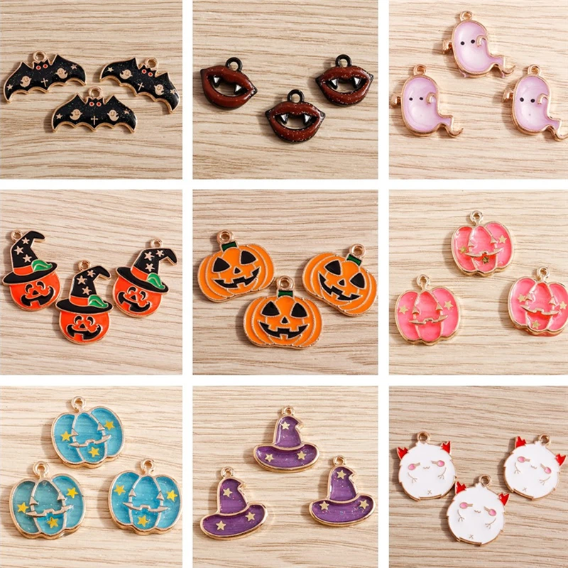 10pcs/lot Enamel Halloween Charms for Jewelry Making Cute Pumpkin Bat Ghost Charms Pendants for Necklaces Earrings DIY Accessory