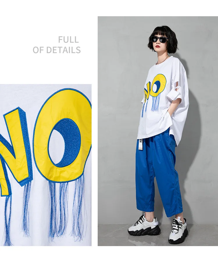 

Vefadisa White Tassel Letter Women T-shirt 2021 Summer Print Female T-shirt Plus Size Casual Hole Short Sleeve T-shirt QYF5688