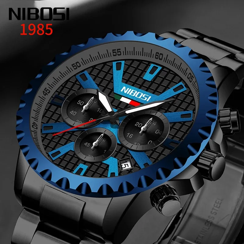 NIBOSI Fashion Chronograph Quartz Watch Stainless Steel 30m Waterproof Watch European Style 24Hour Black Blue Sports Watch Men