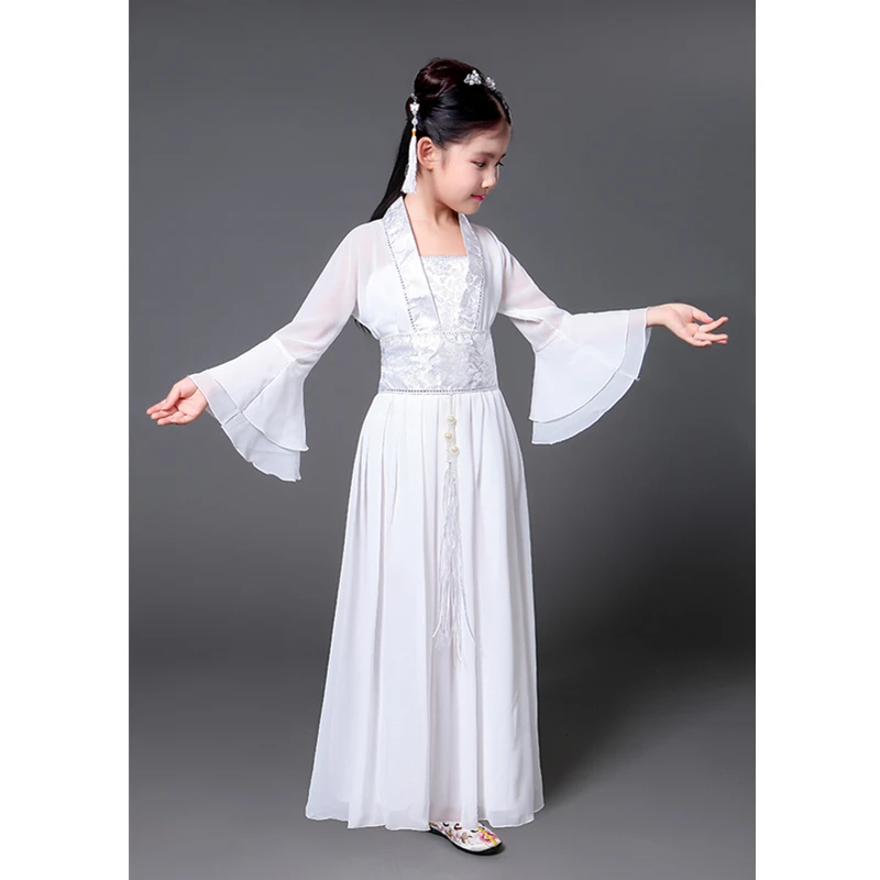 Hanfu древний китайский традиционный костюм для девочек, сценическое платье для танцев, Женский костюм феи в народном стиле, костюм Танга для детей - Цвет: White