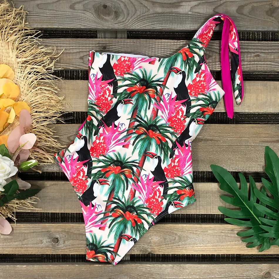 Тропический женский слитный купальник бандажный с принтом купальный костюм на