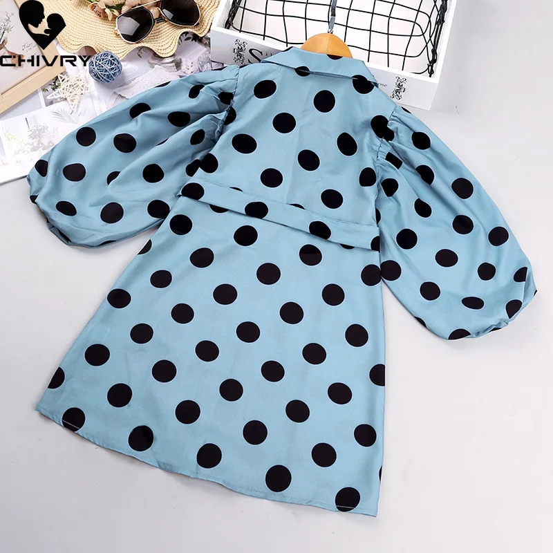 Spring Autumn 2022 Girls Long Coat Fashion Dot Print Lapel Long Sleeve Windbreaker Coat with Belt Kids Baby Girls Trench Outwear