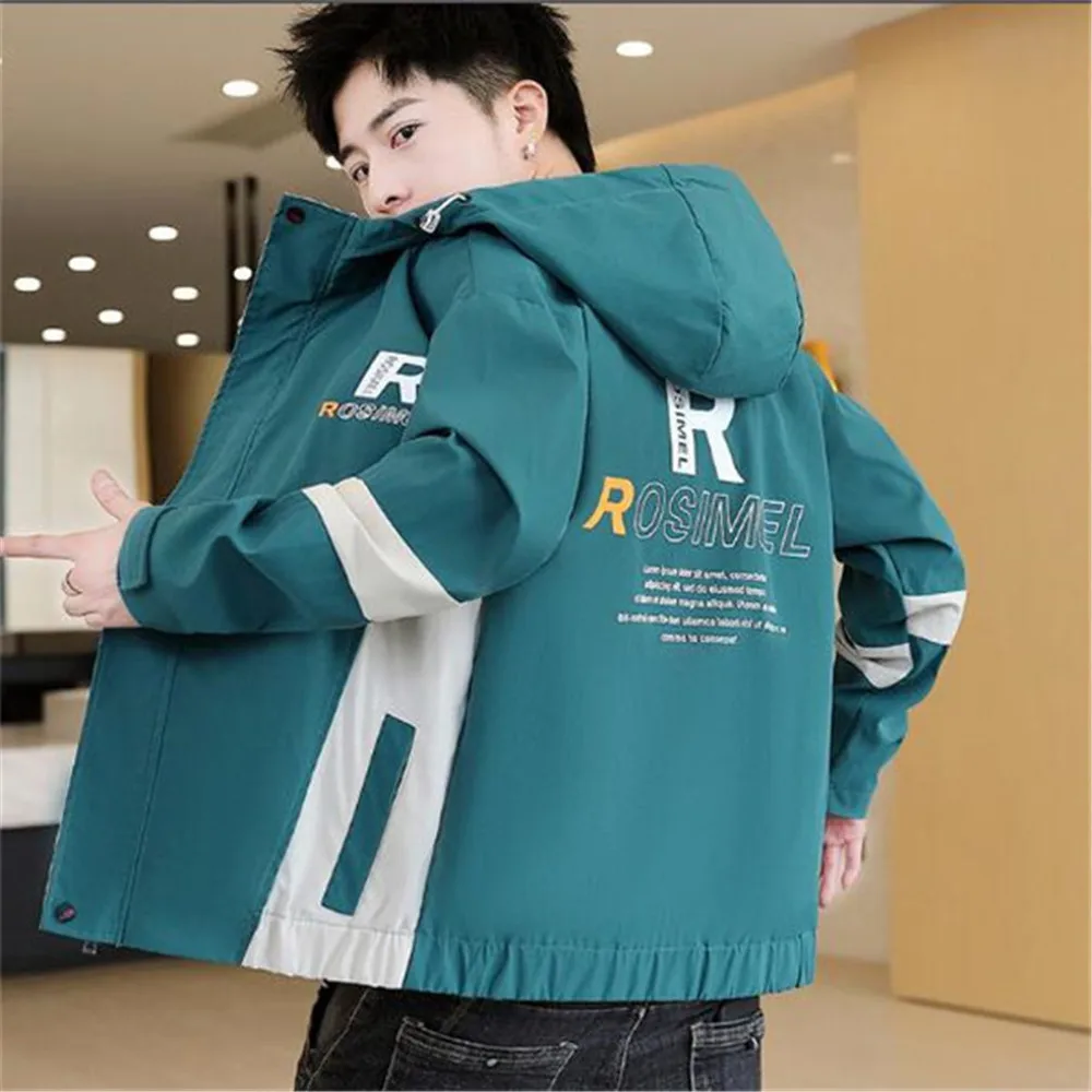 

Spring Autumn New Hooded Jacket Men's Printed Casual Youth Korean Color Blocking Clothes Coat