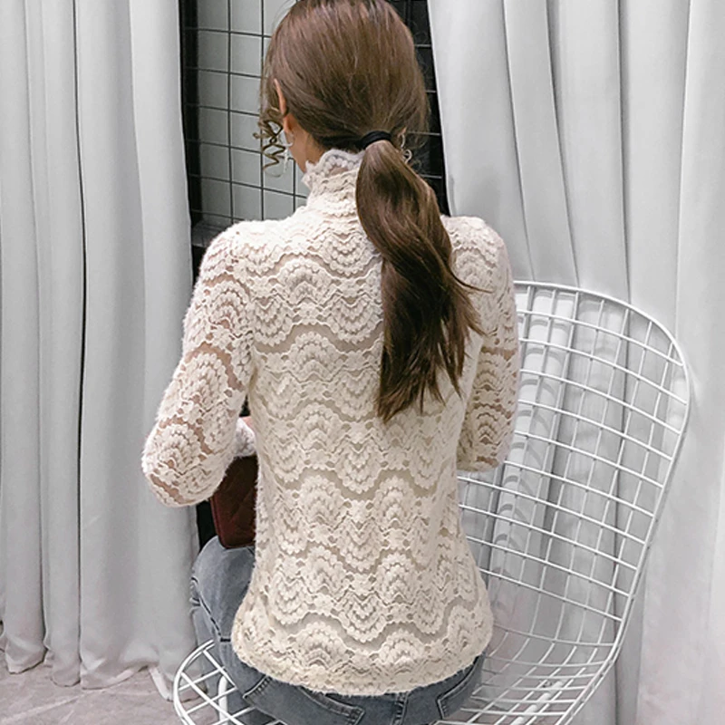

Long Sleeve Hollow Lace Blouse Shirt Tops Blouse Women Blusas Mujer De Moda 2021 Turtleneck Lace Blouse Women Blouses Blusa E315
