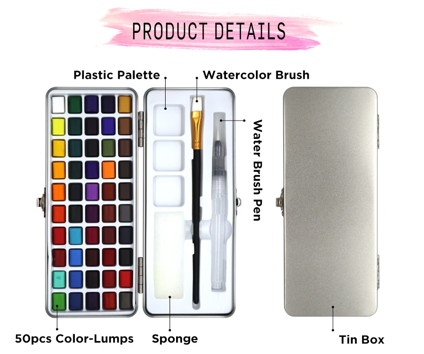 SeamiArt 50Color Solid Watercolor Paint Set Portable Metal Box Watercolor Pigment for Beginner Drawing Watercolor Paper Supplies