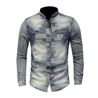 spring mens denim shirt retro stand collar long sleeve patch blue plaid patchwork style casual fashion streetwear thin coat