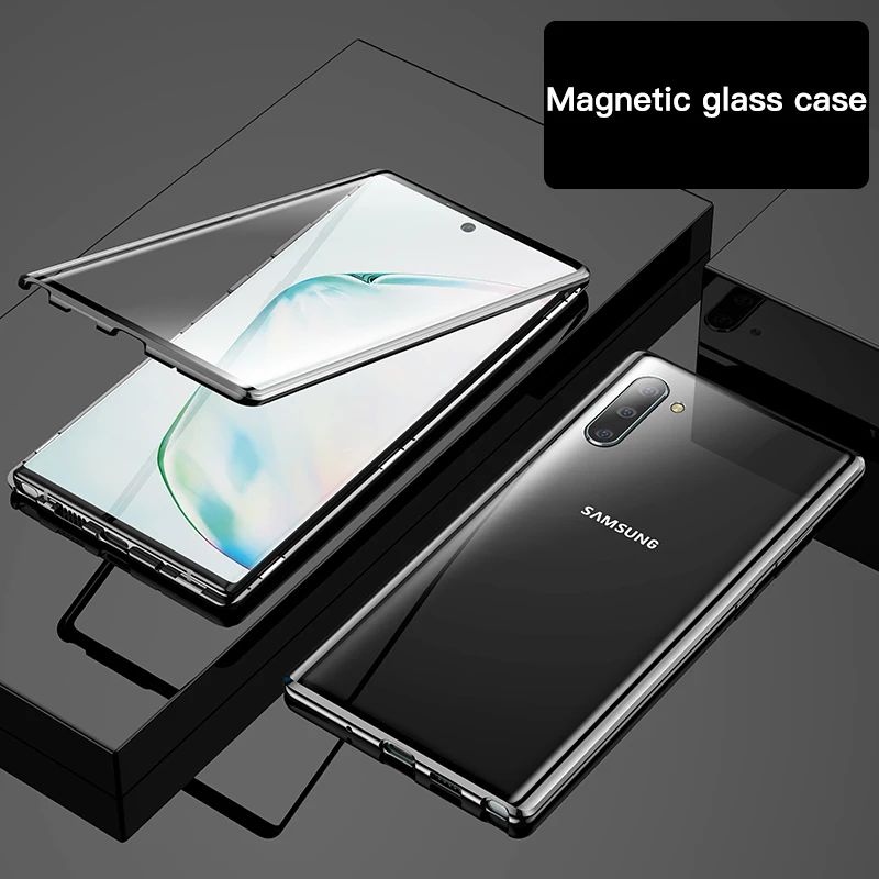 Магнитный металлический стеклянный чехол для телефона samsung Galaxy Note 10, 9, 8, S10, E, 5G, S9, S8 Plus, защитный чехол на магните - Цвет: Black