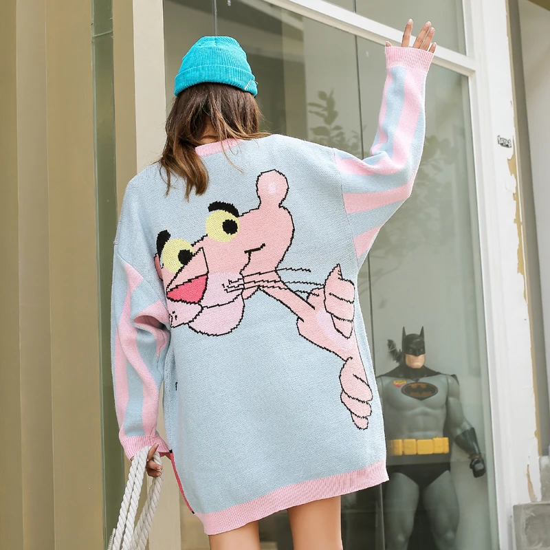 Женский свитер свободного покроя Длинное свободное платье-свитер с мультяшными