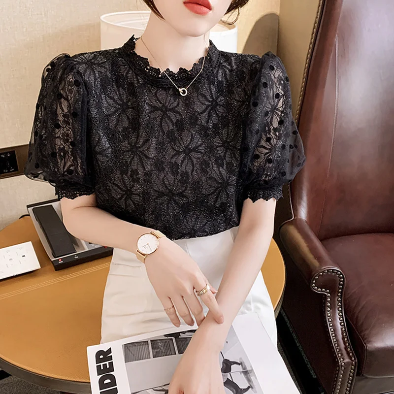 

White Black Lace Blouse Women Summer Vintage Puff Sleeve Patchwork Shirts Elegant Female Plus Size Tops blouses femme Blusas