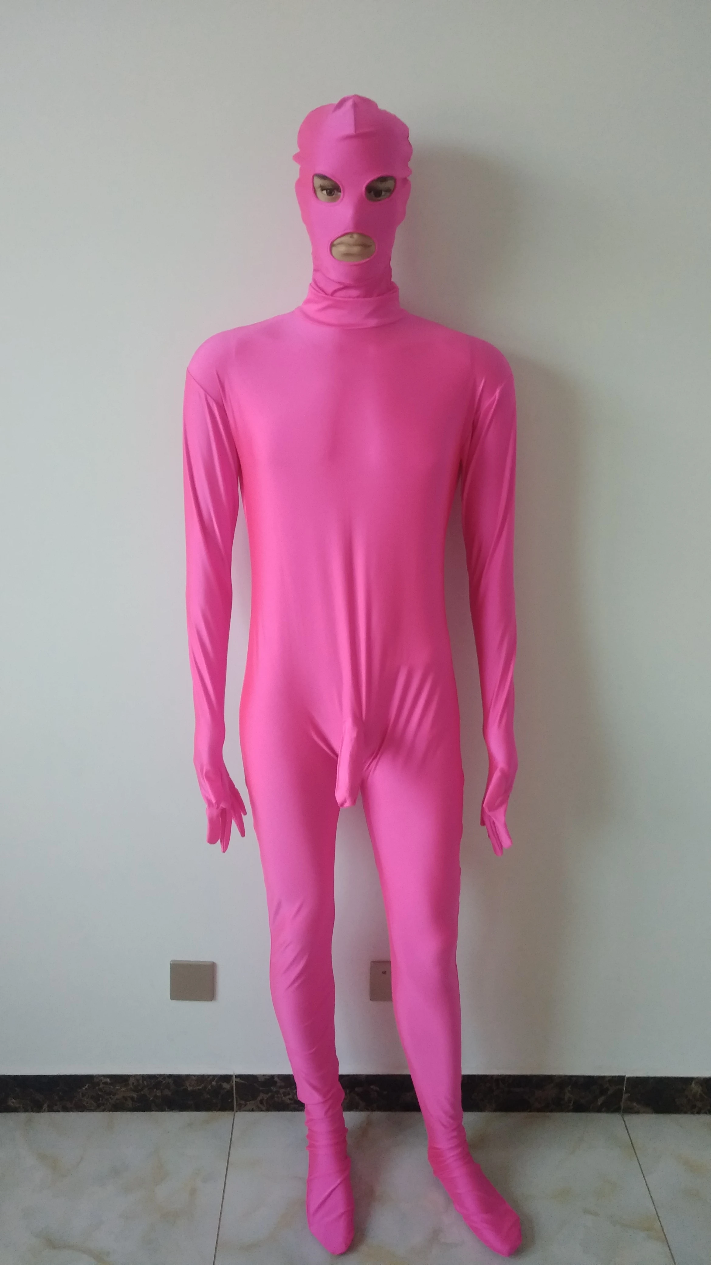 New style pink color Spandex men Unitard Catsuit with Penis sheath removable mask open eyes mouth |