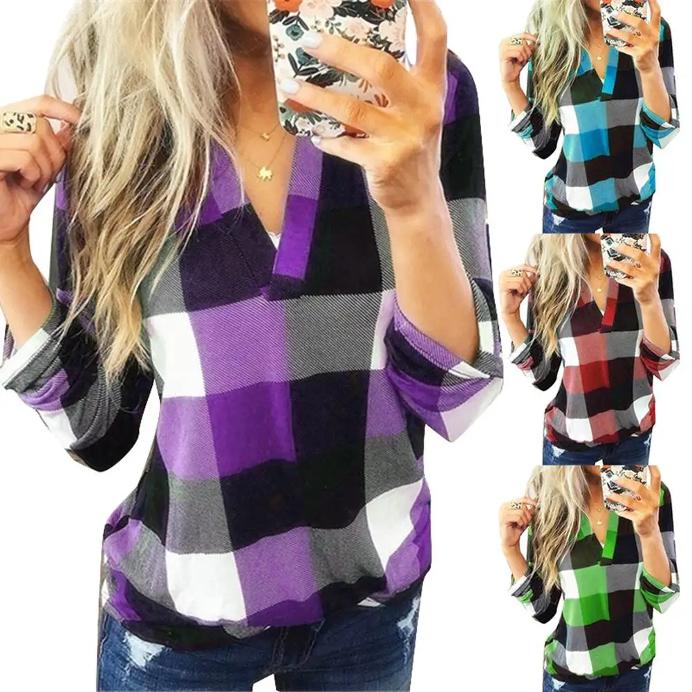 

Womens Tops And Blouses Fashion Plaid Long Sleeve V Neck Blouse Shirt Office Lady Blouse Slim Casual Tops blusa feminina