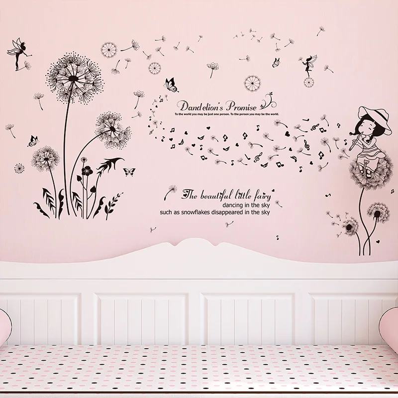 

[SHIJUEHEZI] Black Dandelion Flower Elf Wall Stickers DIY Girl Mural Decals for Living Room Kids Bedroom Nursery Home Decoration