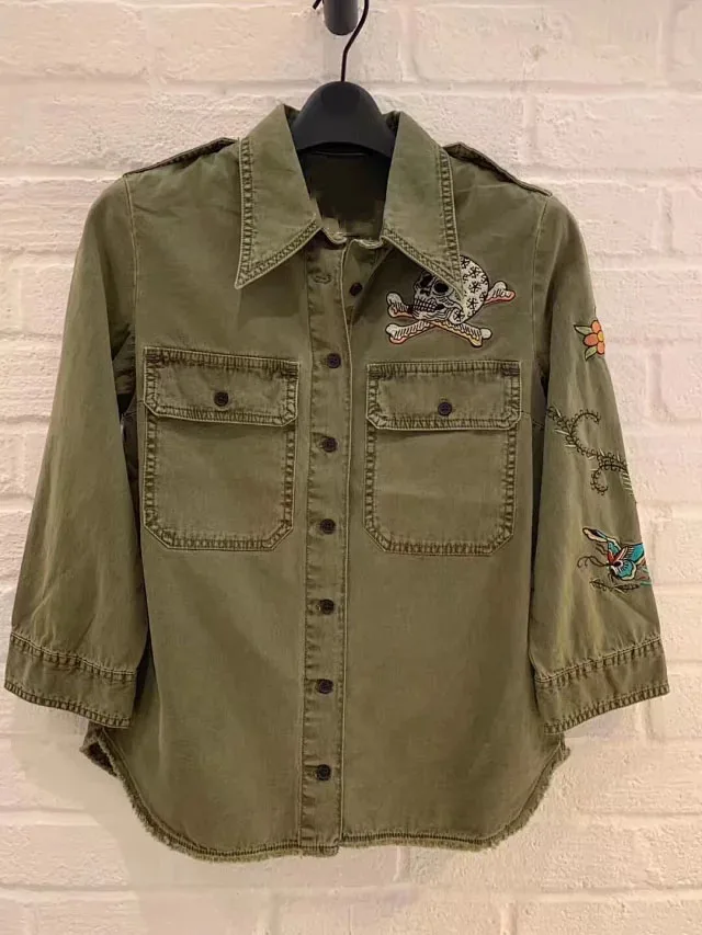 Женская короткая хлопковая рубашка Mili Армейский Зеленый жакет с вышитыми