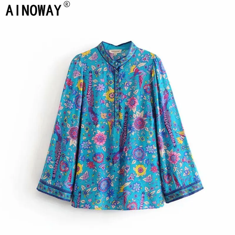 Винтажная шикарная женская блузка в богемном стиле с цветочным принтом павлина