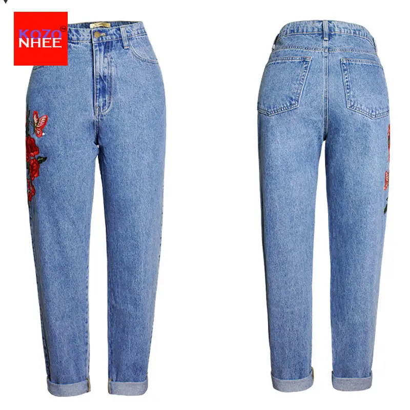 Женские свободные шаровары винтажные джинсы с высокой талией и вышитыми розами