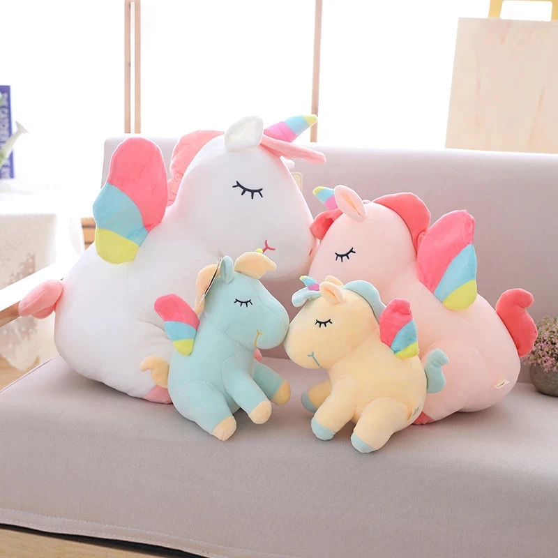 25cm 40cm 55cm lovely unicorn plush toy pink fly horse with rainbow wings baby kids appease doll birthday gift for little girl