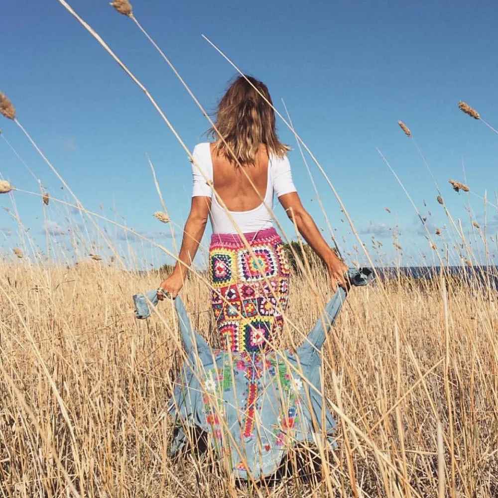 Женский богемный Костюм-двойка ручной работы вязаный крючком с открытыми