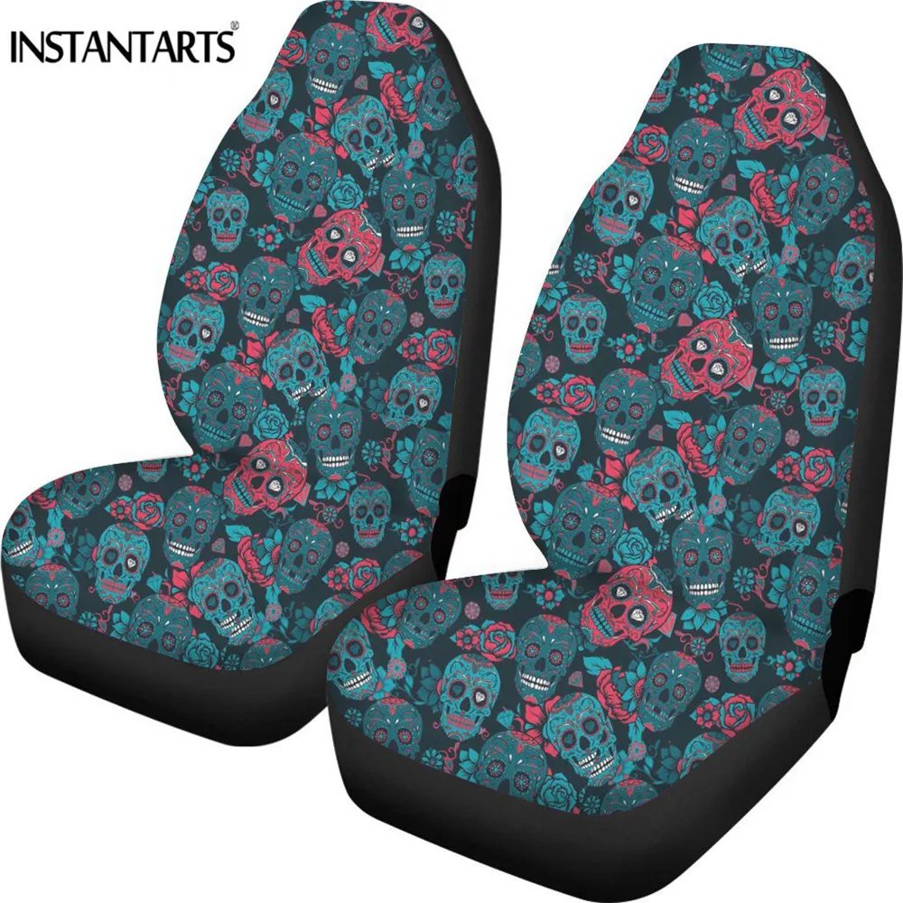 

INSTANTARTS Sugar Skull Girly Skeleton Fashion Car Seat Covers Full Set Auto Interior Accessories Mat Cushion Vehical Cover 2020
