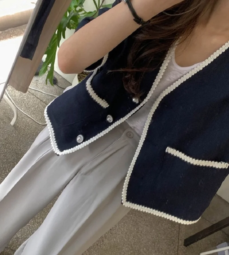 

V Neck Short Sleeve Single Breast Jacket Women Work Style Ol Hit Color Temperament Coat Summer 2021 New Clothes Femme