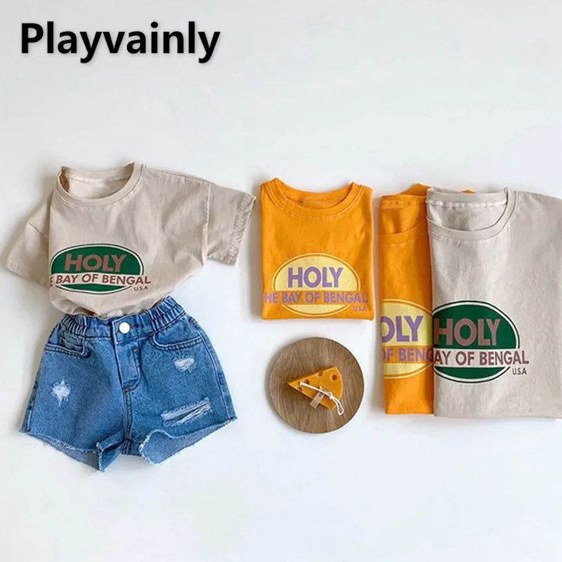 Camiseta holgada de algod&oacute;n con letras para ni&ntilde;os y ni&ntilde;as, ropa de ocio de manga corta, E100284, verano, 2021-0