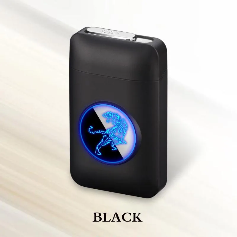 Black Tiger Чехол для сигарет с металлической емкостью, электронная USB Зажигалка, 19 шт., держатель для сигарет, электрическая плазменная дуговая зажигалка, мужские подарки - Цвет: Black Tiger