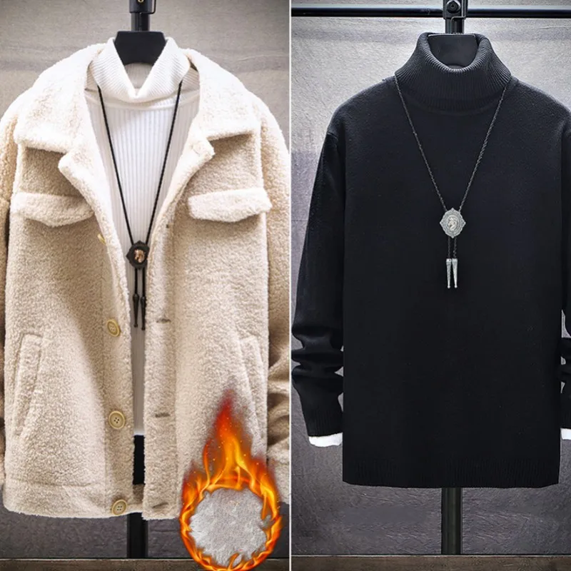 

Lamb Wool Mens Casual Short Loose Plus Velvet Thickening Jackets Pockets Turn-Down Collar Single Breasted Fashion Autumn Coat