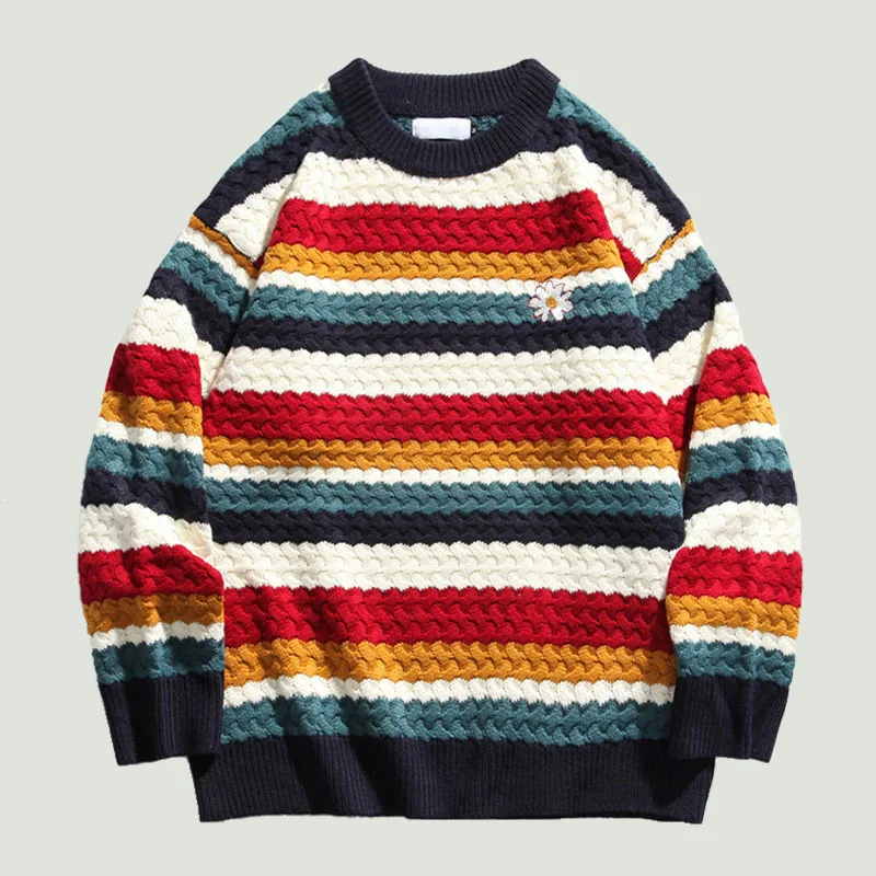 

Mens RainBow Stripe Sweaters Korean Style Harajuku Daisy Embroidery Oversize Loose Casual Knitted Pullover Couples Autumn Winter