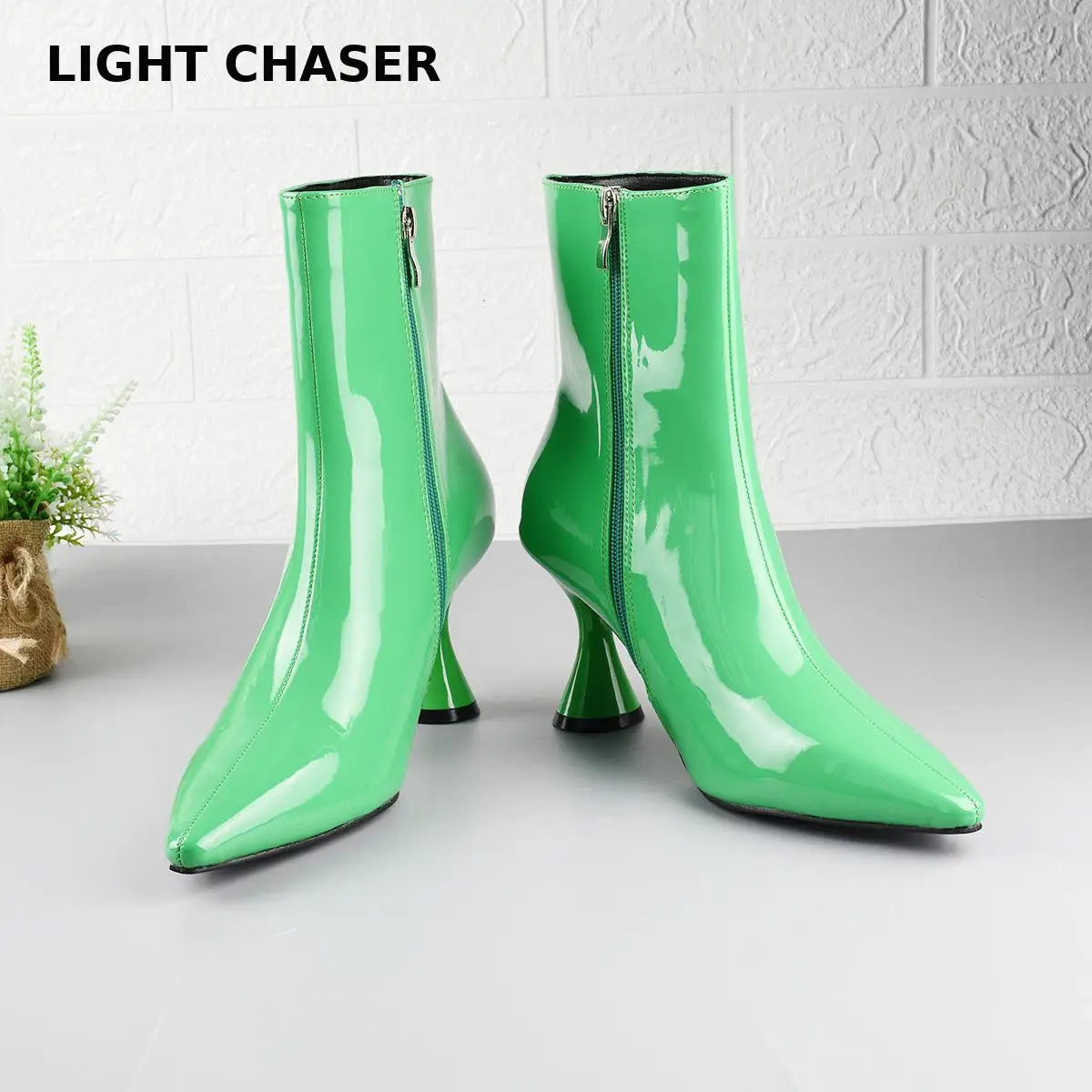 New Fashion Pointed Patent Leather Candy-colored Women's Boots, Solid Color Mid-boots, Stiletto Explosive Women's Short Boots 42