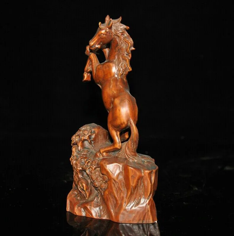 

wedding decoration Old Chinese Boxwood wood Carved Feng Shui animal horse Looking up Horses Statue