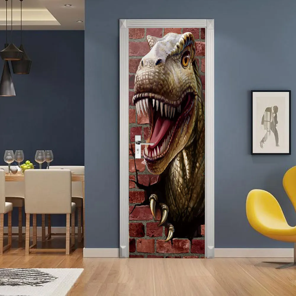 Pegatinas de puerta 3D de dinosaurio creativo, pegatinas de pared autoadhesivas, impermeables, extra&iacute;bles-5