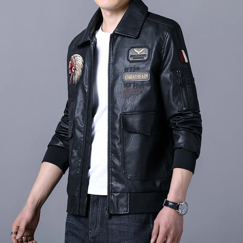 

Lapel 2021 autumn spring pilot and PU Leather Motorcycle Jacket embroidered men's leather jacket Korean men's black