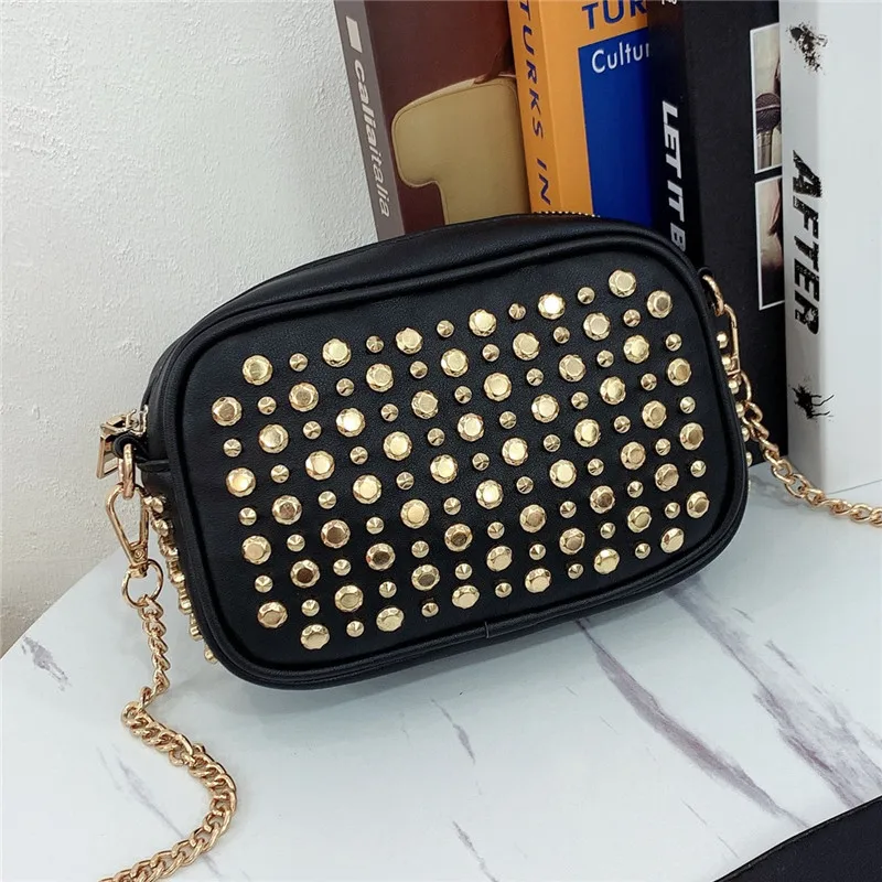 

Punk Golden Rivet Women Shoulder Bag small PU Leather chain Crossbody Bag Casual chain flap bags Ladies Handbag black bolsa