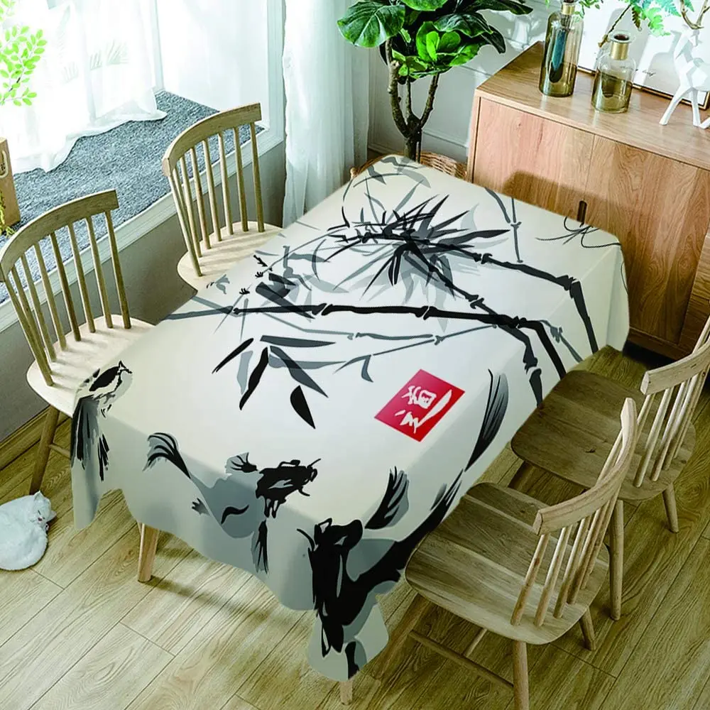 Азиатская японская прямоугольная скатерть в виде птиц бамбука рыбы рисованная