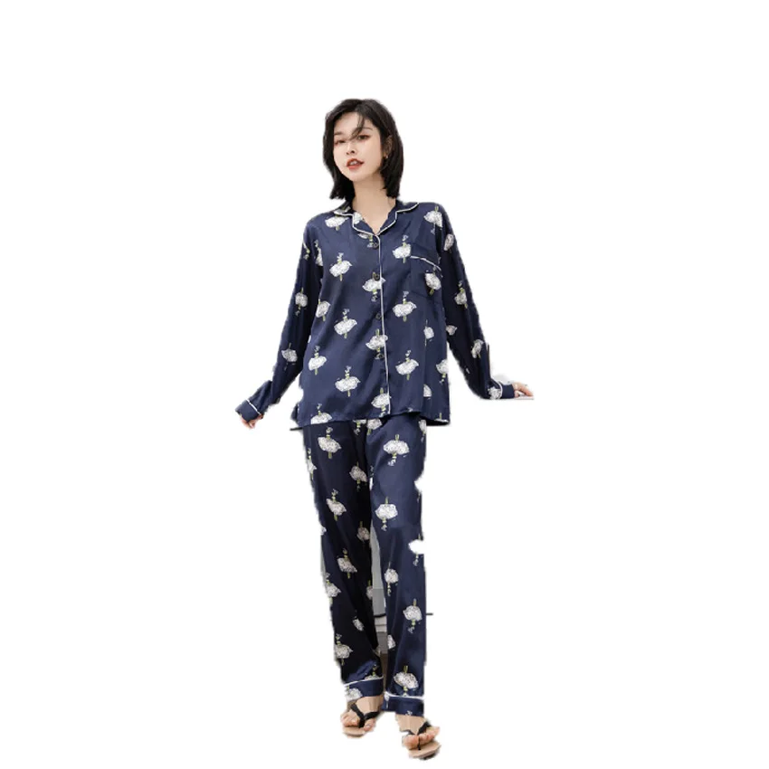 

2021 New Women Silk Satin Pajamas Set Sleepwear Print Nightwear Long Sleeve Home Clothes for Women Sleeping Shirt Home Wear