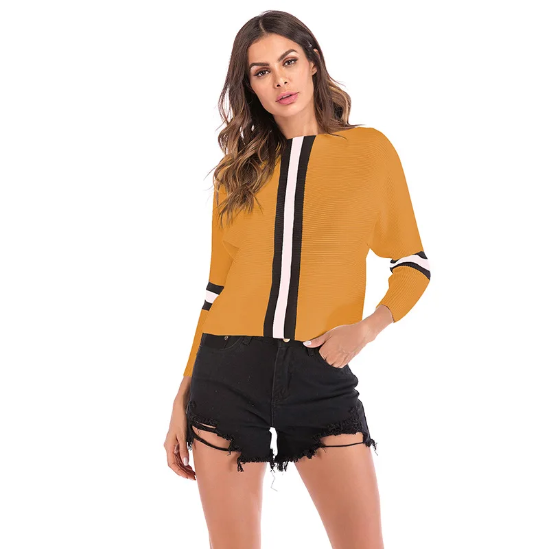Autunm Pullovers Sweater Women Casual O-Neck Striped Knitted Loose Long Batwing Sleeve Black Printed Tops Ladies | Женская одежда