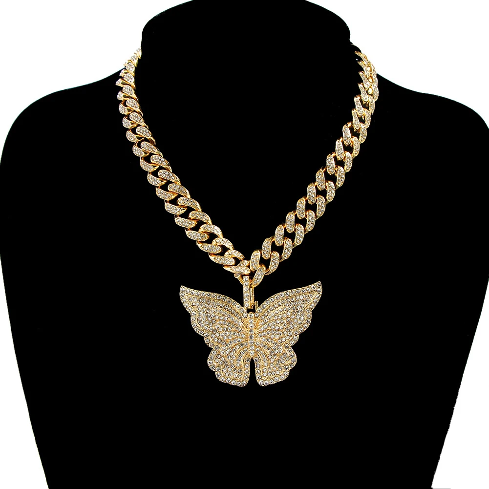 

Fashion Shiny Crystal Butterfly Pendant Necklace Neck Chains For Women Miami Curb Cuban Chain Necklace Punk Hip Hop Jewelry Gift