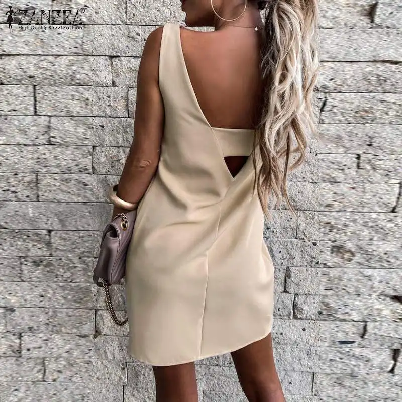 

Fashion Backless Dress Women's Summer Sundress ZANZEA 2021 Casual Party Mini Vestidos Female Sleeveless Robe Femme