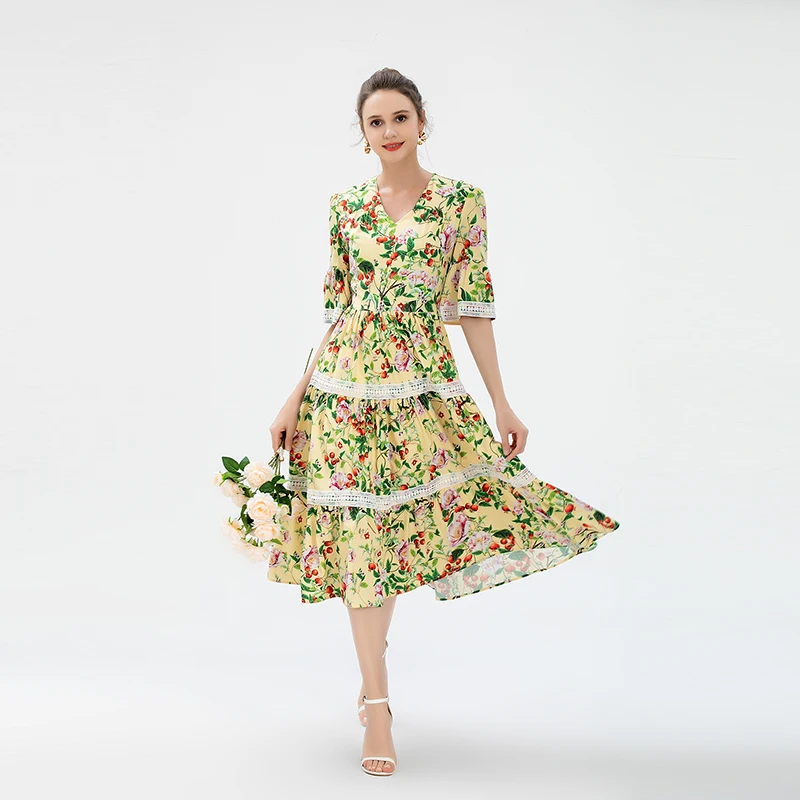 

MIUXIMAO 2021 New Autumn Women's Clothing V-Neck Short Sleeve Water Soluble Lace Printing Slim Waist Dress Fashion Elegant