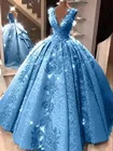 Синее бальное платье, платья для Quinceanera с V-образным вырезом, кружевные вечерние платья с аппликацией для выпускного вечера для девочек 15 лет, с вырезом на спине